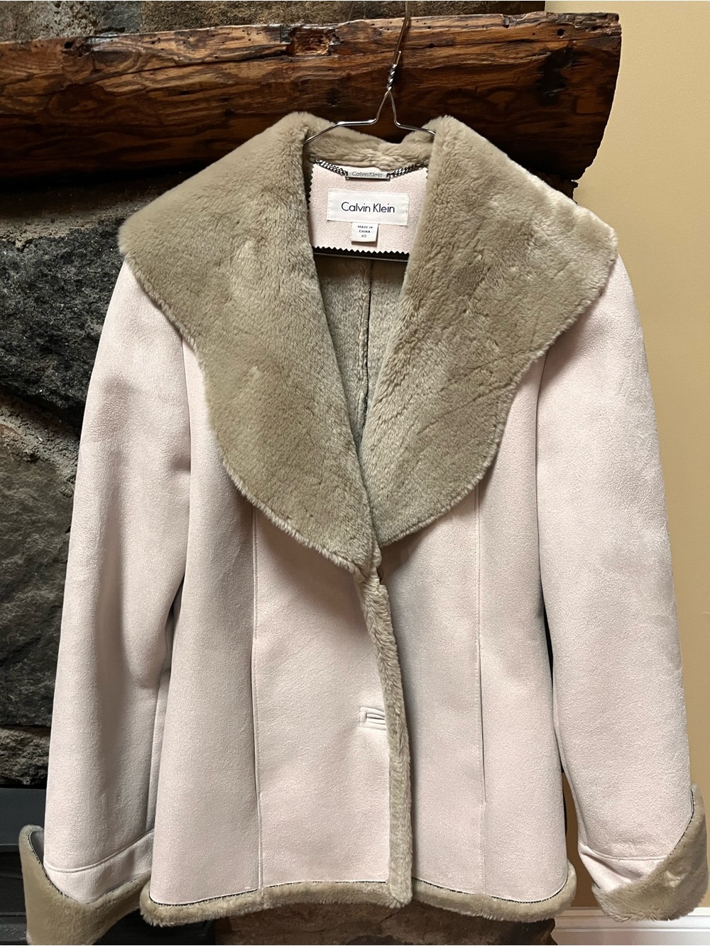 Calvin Klein Cream Faux-Shearling Jacket with Plush Collar